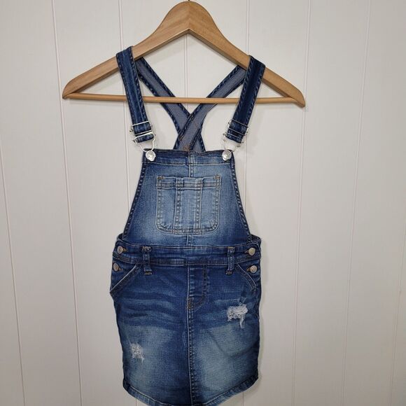 Wallflower Denim Dress Girls Size M 10/12 Blue Adjustable Straps Pockets - Picture 1 of 8